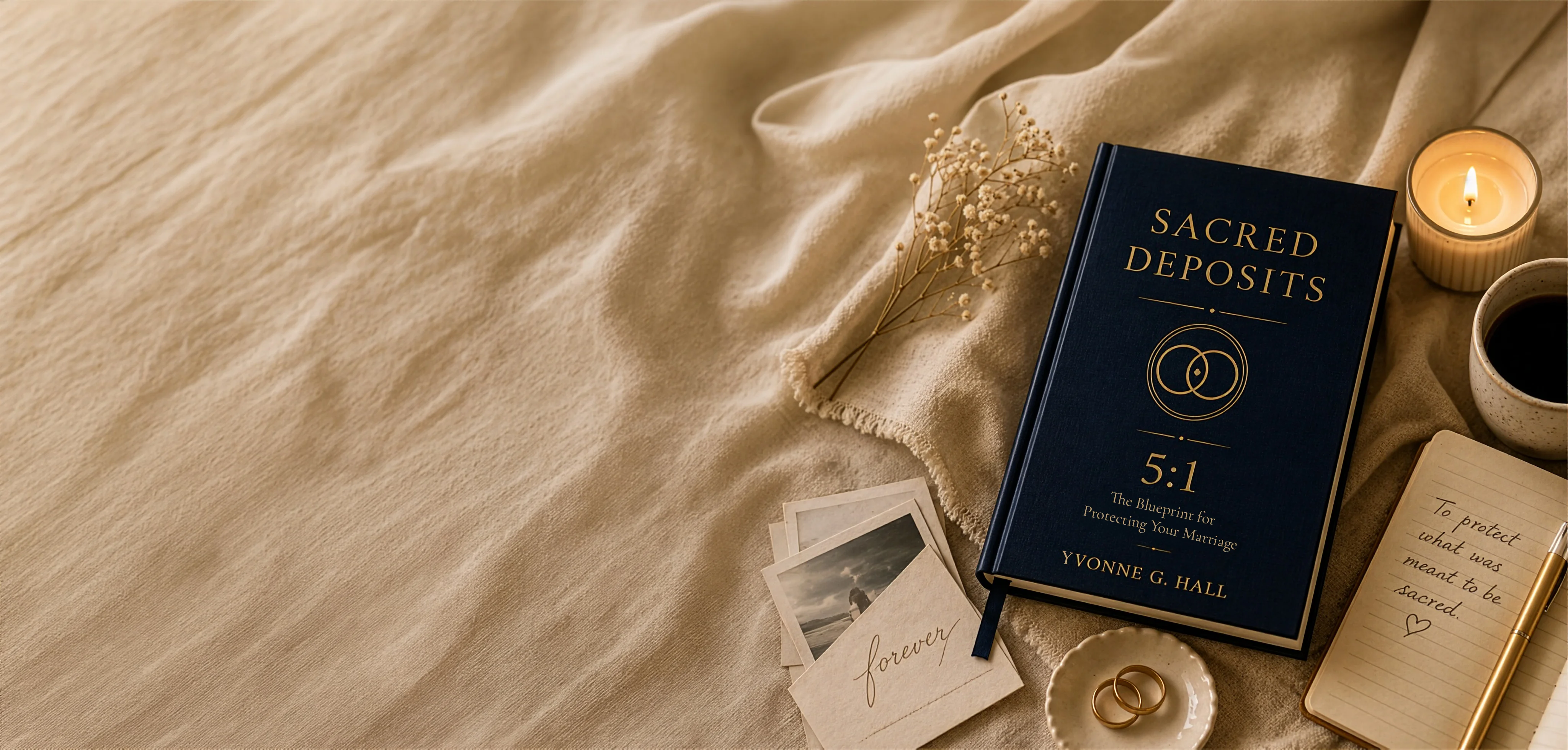 Sacred Deposits 5:1 hardcover on warm linen with candle, rings, polaroids and journal