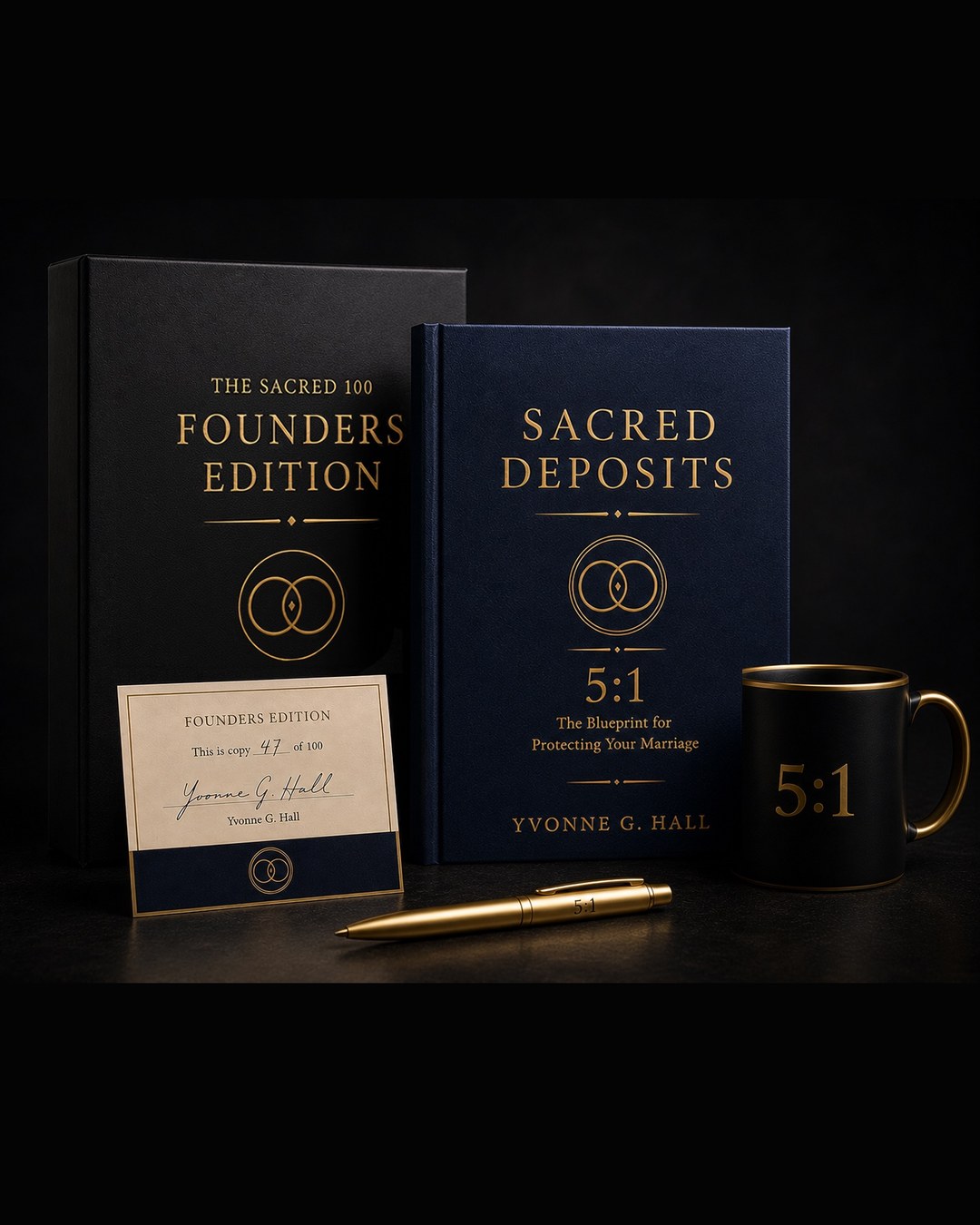 The Sacred 100 Founders Edition — numbered slipcased hardcover with signed bookplate, gold 5:1 pen, and 5:1 mug on a dark surface
