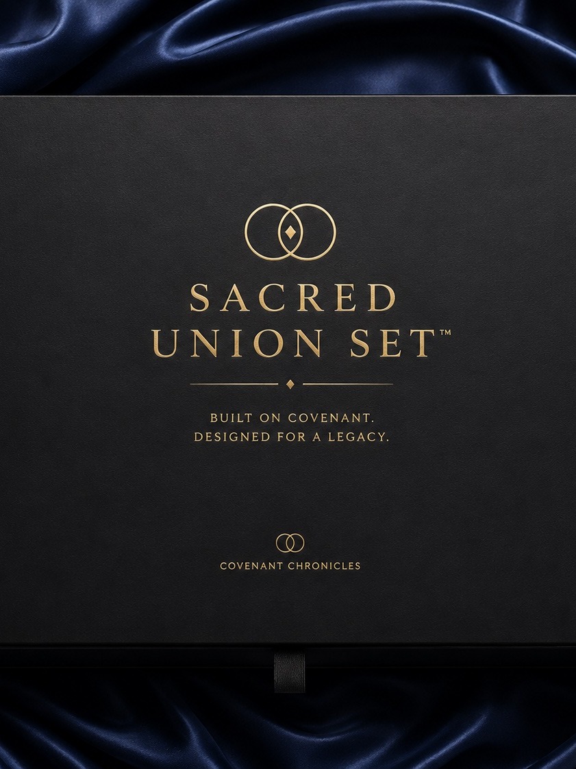 The Sacred Union Set — black gift box on navy silk, gold foil branding, Covenant Chronicles imprint