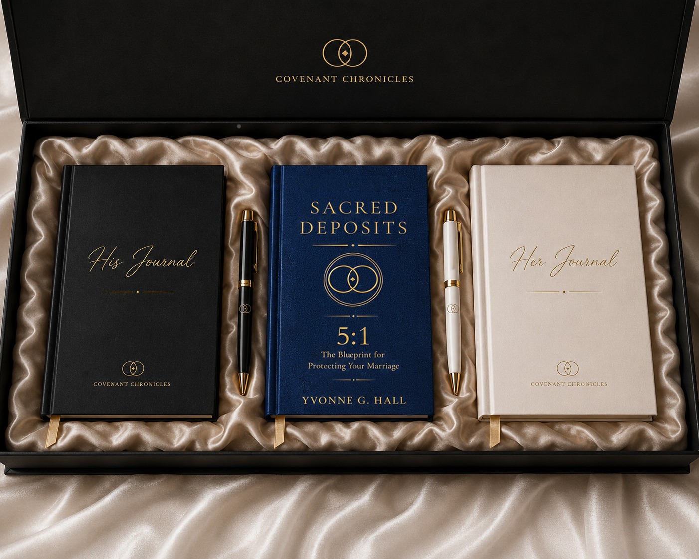 The Sacred Union Set — heirloom box opened, showing His Journal, the Sacred Deposits hardcover with 5:1 mark, Her Journal, and two gold-accented Covenant Chronicles pens