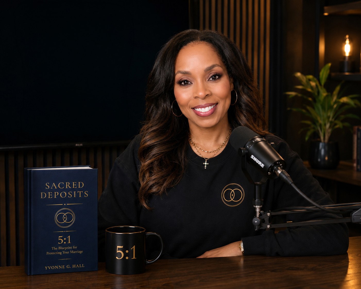 Yvonne G. Hall in the Sacred Deposits podcast studio — author of Sacred Deposits and host of the Build Emotional Wealth podcast.